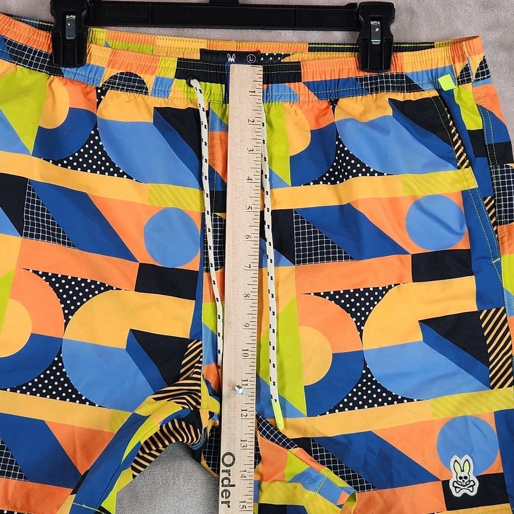 Psycho Bunny Swim Trunks Mens Large Multicolor Geo Print Lined Drawstring Beach
